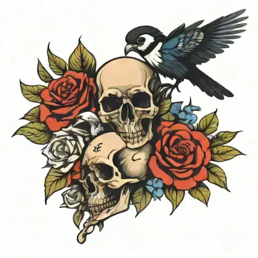 Skull And Magpie Holding A Bouquet