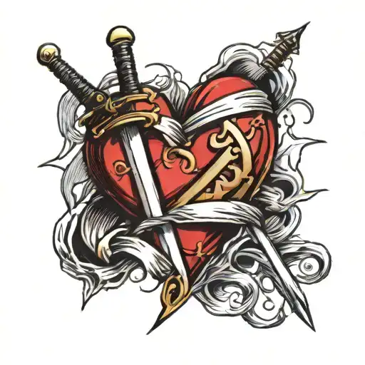 Heart With Bandages Rapped Around It And Sword Stabbed Into It