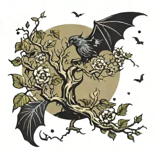 Poison Tree With The Moon In The Background And Bats Flying Around