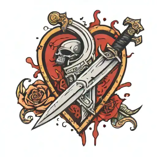 A Tattoo Of A Knife Inside A Heart And Blood Spilled From A Sword