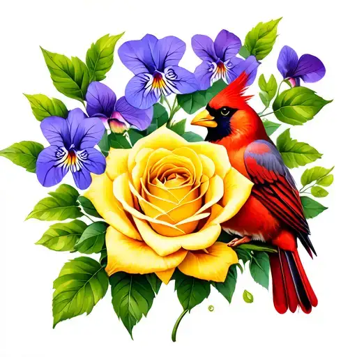 Yellow Rose With Violets And Cardinals Sitting