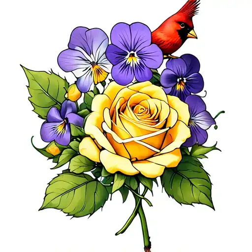 Yellow Rose With Violets And Cardinals