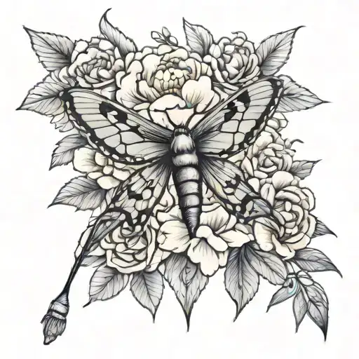 Feminine Hawk Moth With Peonies Flower Tattoo With Wife