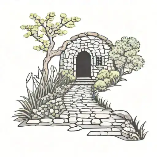Small Trail With Cobblestone Path With Flowered And Space To Put Words