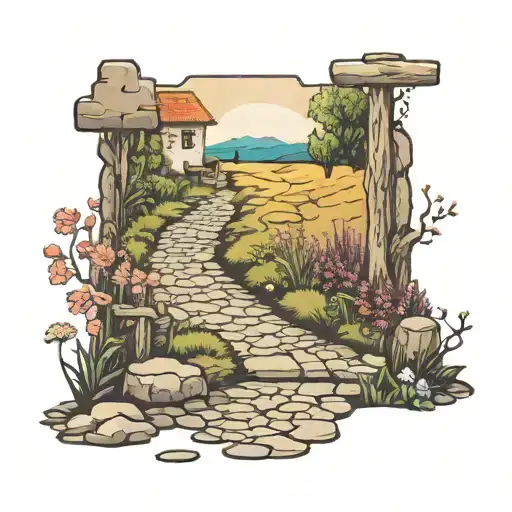 Small Trail With Cobblestone Path With Flowered And Space To Put Words No House