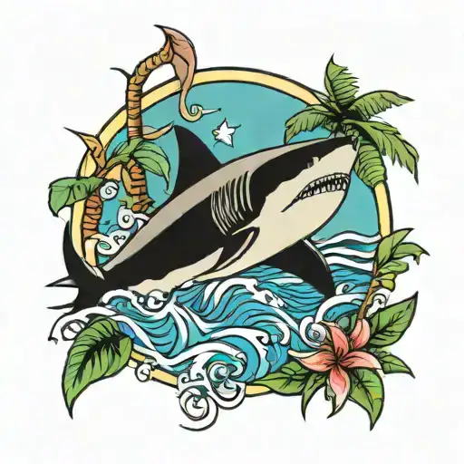 Water And Shark And Palm Tree