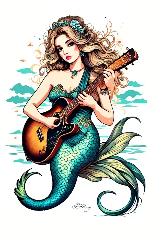 Pin Up Mermaid Playing A Guitar