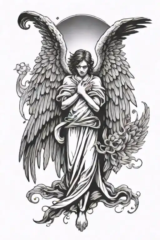 Depressed Angel With Dard Wings Spread He Stands Steadfastly