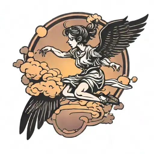 A Small Silhouette Of A Girl Flies In The Sky At Sunset