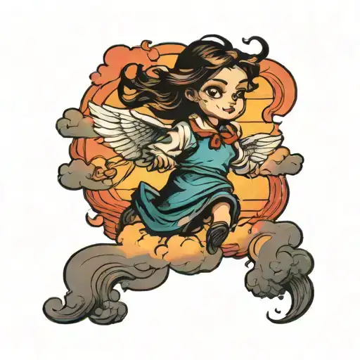 Shadow Of A Girl Flying Between The Clouds At Sunset