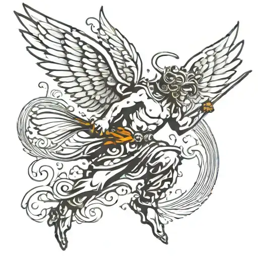 Angel With Six Wings Diving Down With A Spear