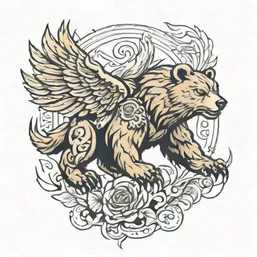 A Bear With Martial Equipment Above Which A Phoenix Rises And Envelops Him With Its Wings