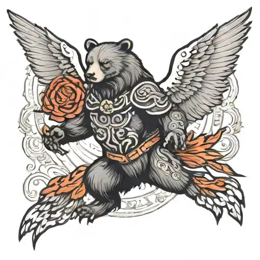 A Bear With Martial Equipment Above Which A Phoenix Rises And Envelops Him With Its Wings