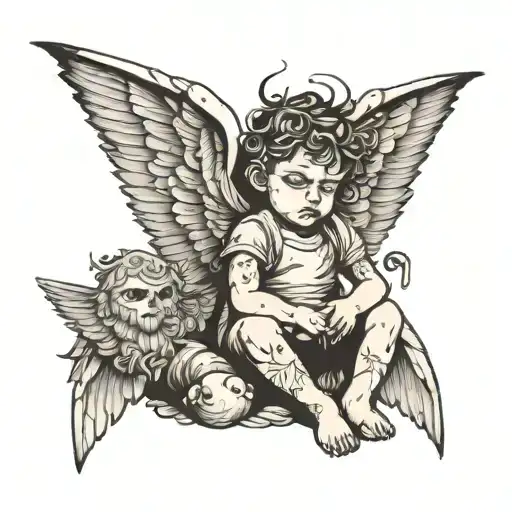 Full Boddy Sad Child With Wings Of Demon And Angel