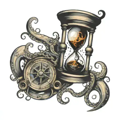 A Broken Hourglass With A Burning Compass Held By An Octopus