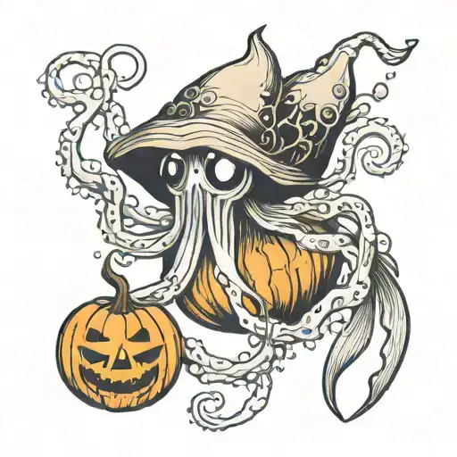Underwater Squid With A Pumpkin Head