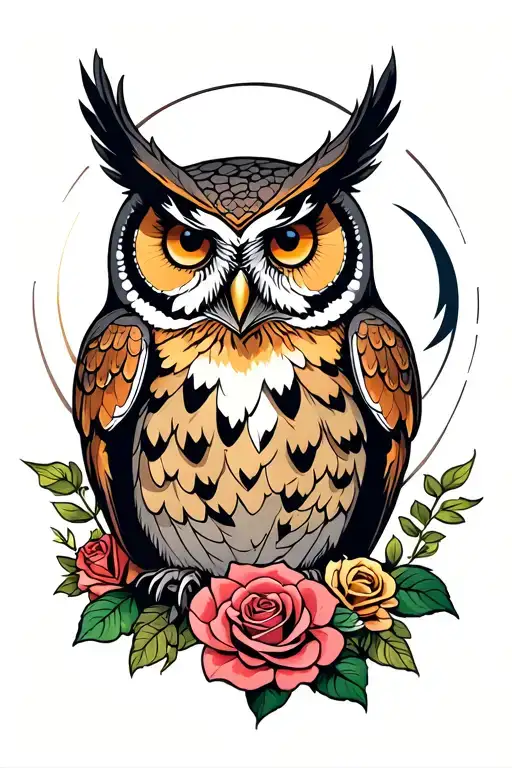 Owl And Roses Moon Surrounded
