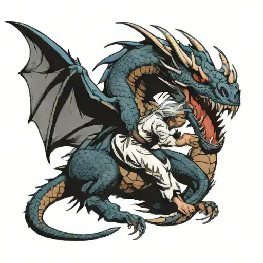 A Fierce Dragon Grappling With A Jiu-jitsu Fighter In A Dynamic Pose
