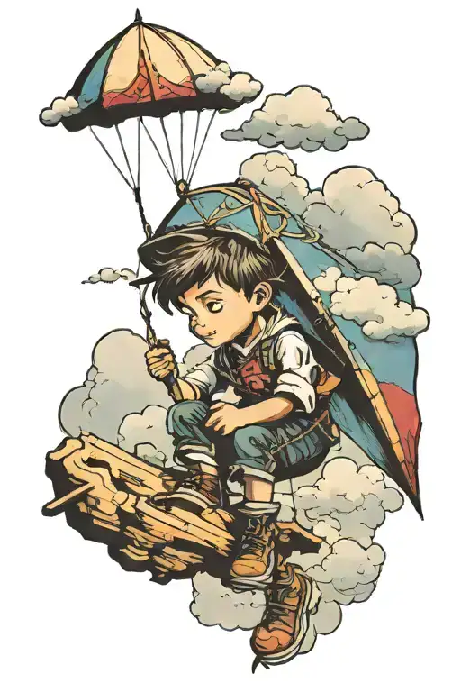 A Little Boy Watching A Kite And The Clouds