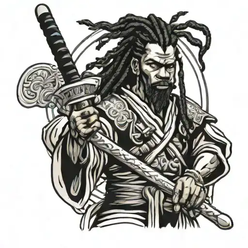 Black Samurai With Dreadlocks Standing Holding Sword