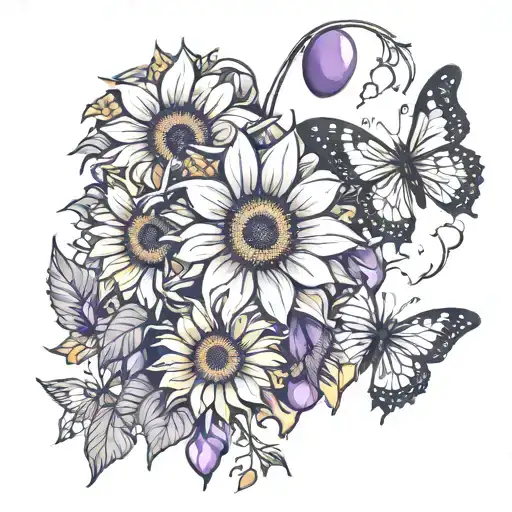 Sunflower With Purple Balloons And Butterflies