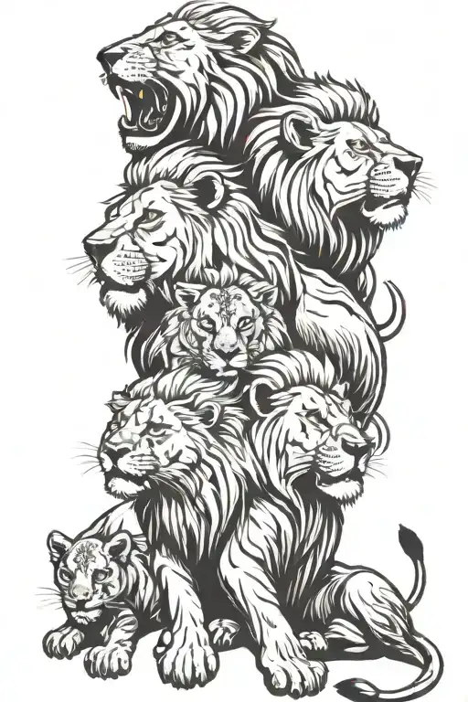 Male Lion Protecting His Lioness And Two Cubs