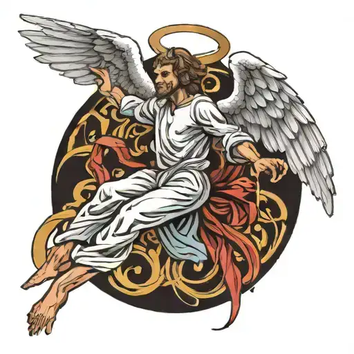 An Angel Flying Down Reaching For Lucifer As He Falls