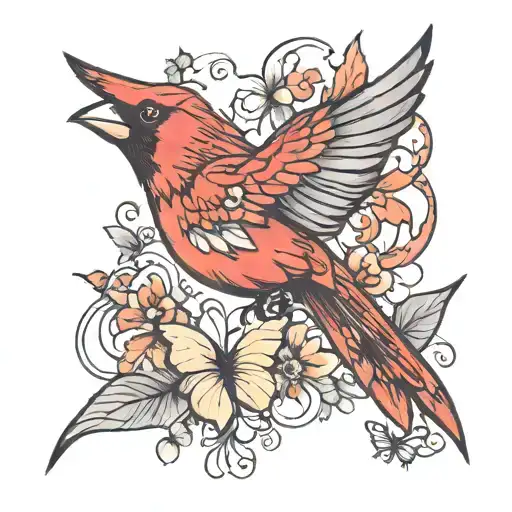Cardinal And Butterfly Flying