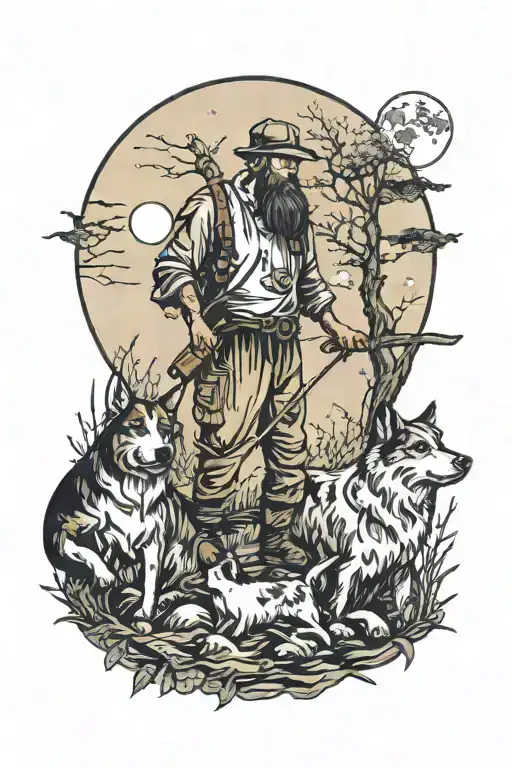 Fisherman And The Moon In The Forest With A Shepherd Dog