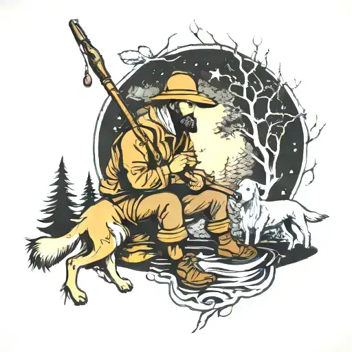 Fisherman And The Moon In The Forest With A Shepherd Dog