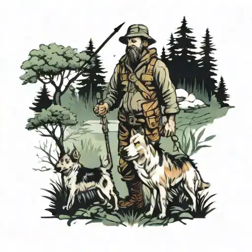 Fisherman In The Forest With A Shepherd Dog