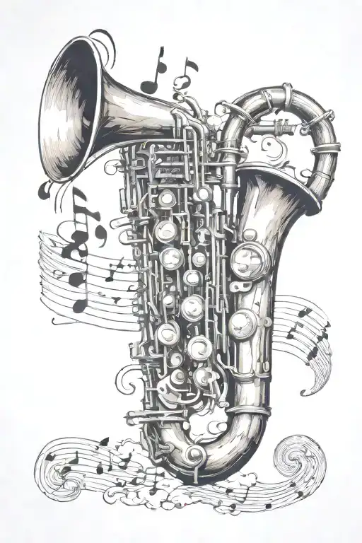 Music Notes Flowing With Saxophone And A Trumpet Surrounded By Clouds And Rays Of Sun