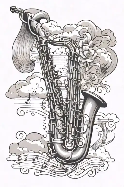 Music Notes Flowing With Saxophone And A Trumpet Surrounded By Clouds And Rays Of Sun
