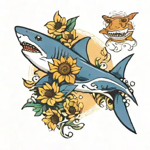 Swimming Shark Dark Blue With Sunflowers