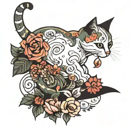 Cat Outline With Flowers And Semi Colon Incorporated