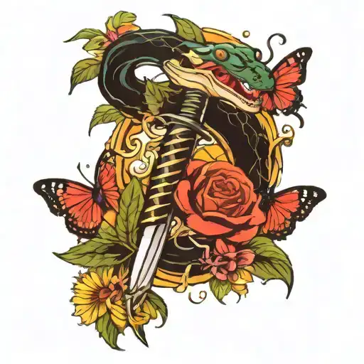 Lightening Bolts Surrounded By Flowers Falling And Butterflies With A Snake Wrapped Around A Sword