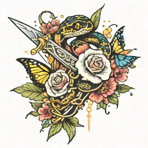 Snake Wrapped Around Sword With Flowers And Butterflies Surrounding It And Lightening Behind It All