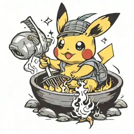 A Realistic Tattoo Of A Pikachu Cooking A Fish Over A Campfire