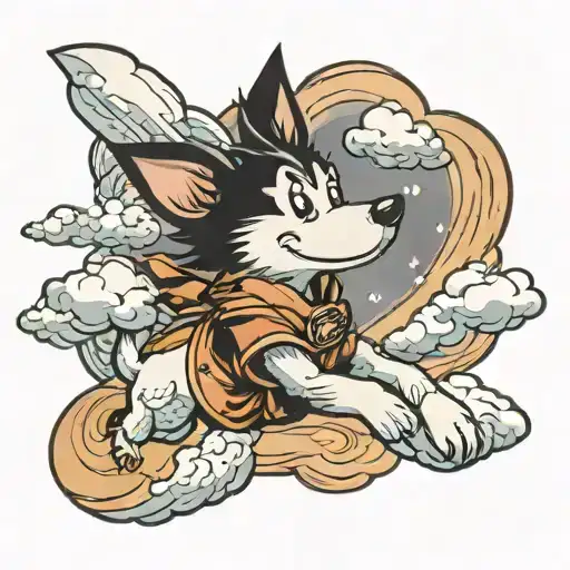 Goku On Nimbus Cloud Flying Next To A Brown Jack Russell