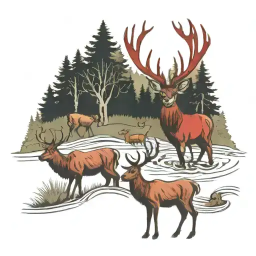 Red Deer With 5 Child In The Forest With River