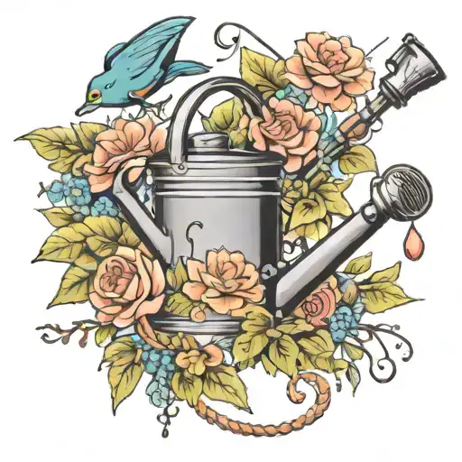 Fishing Rod And Watering Can With Flowers Growing