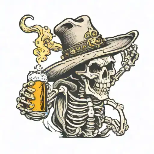 Skeleton Wearing A Cowboy Hat Running With A Beer Bottle