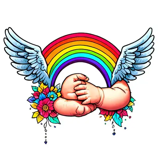 A Baby's Hand Holding A Rainbow With Wings Spread