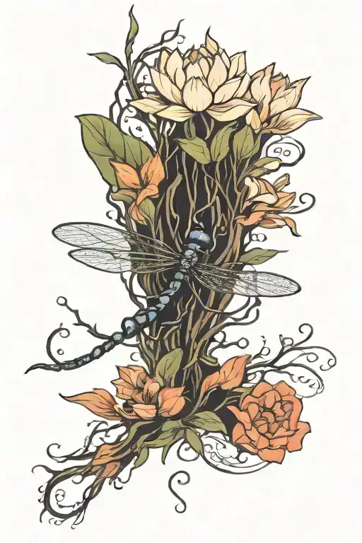 Dragonfly Hovering Above Lotus Flower Growing Roots