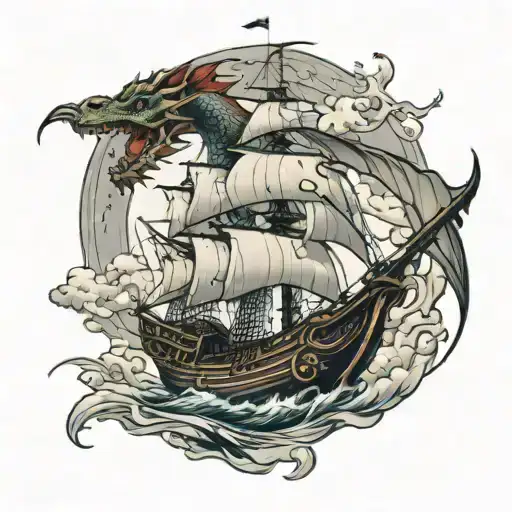 Dragon Emerging Sci Fi Pirate Ship Sailing