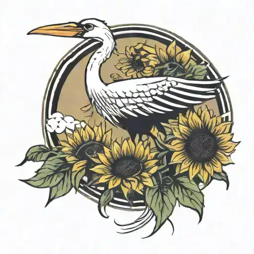 Stork Swooping Down To A Sunflower