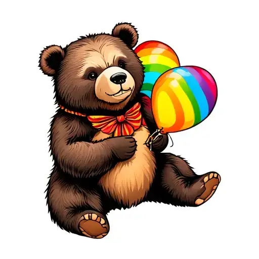 A Bear Sitting Holding A Rainbow Colored Heart Balloon