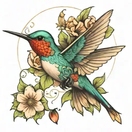 Humming Bird And Flowers