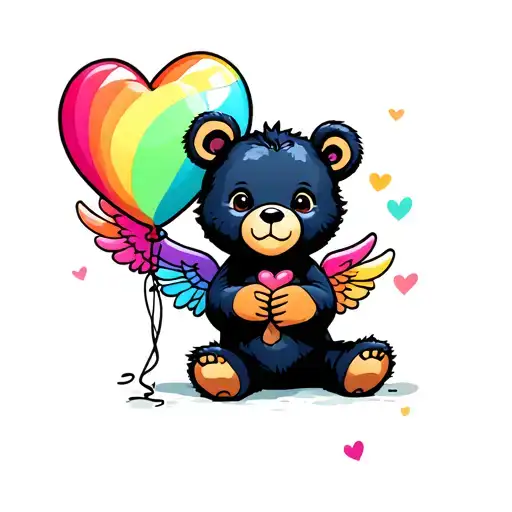 A Baby Bear Sitting Holding A Rainbow Colored Heart Balloon With Wings