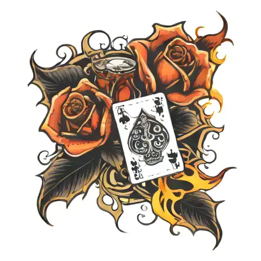 Flaming Rose With Flaming Playing Cards And Poker Chips